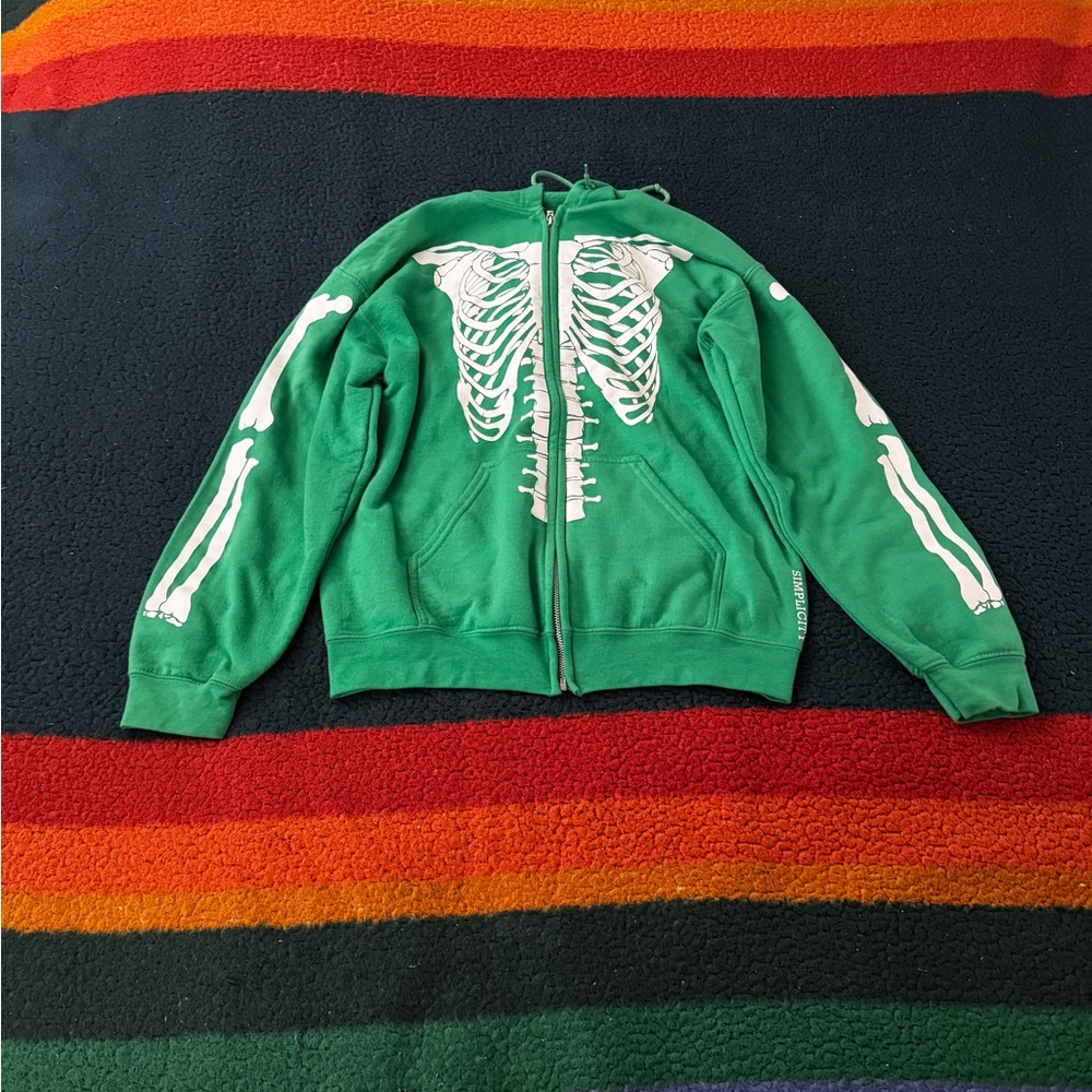 Green Simplicity Skeleton Zip-Up Hoodie